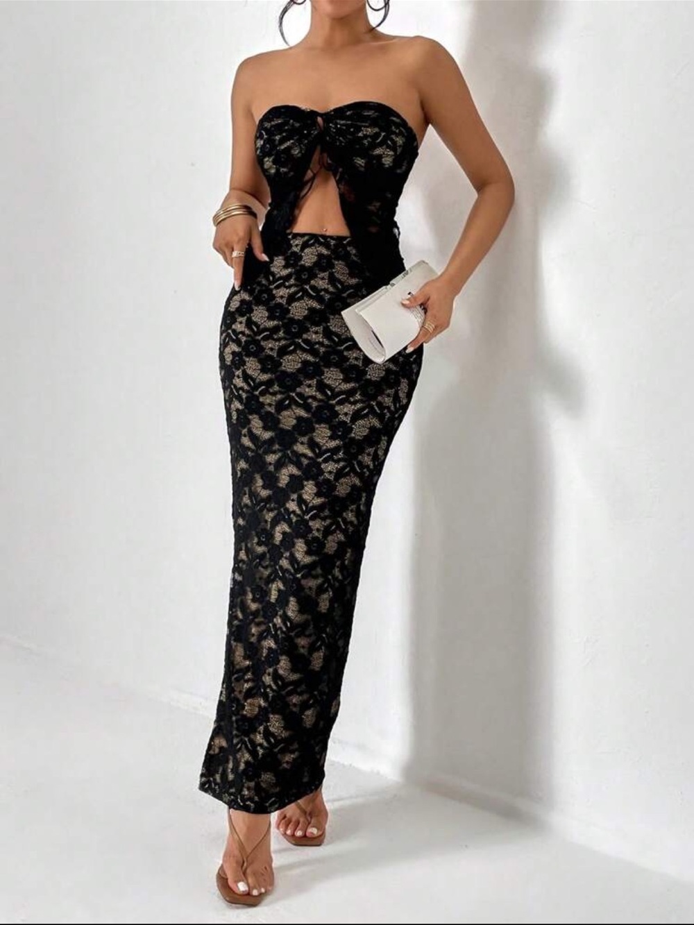 SHEIN Black Lace Strapless Cutout Maxi Gown